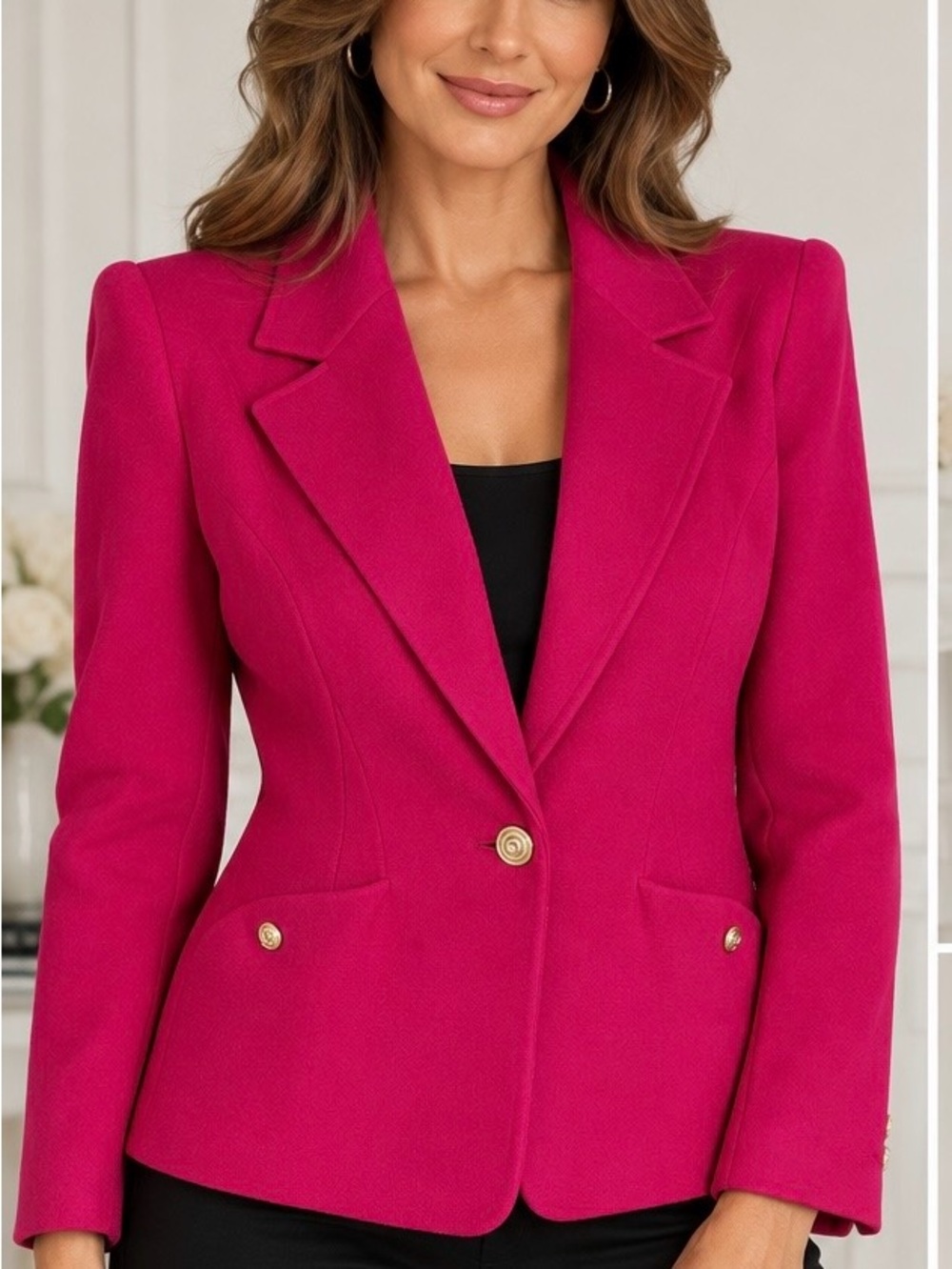 Fuchsia Pink Fitted Blazer Women’s US 10 L Single Button Gold Tone Statement